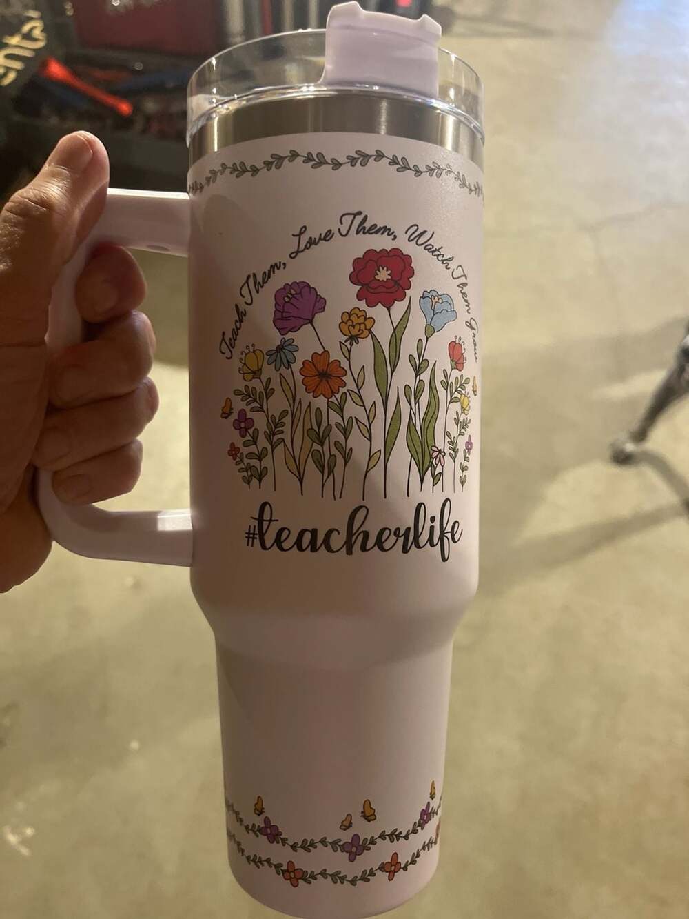 Unbranded 40oz Insulated Tumbler with Handle Teacher Life Nutrition Facts Floral